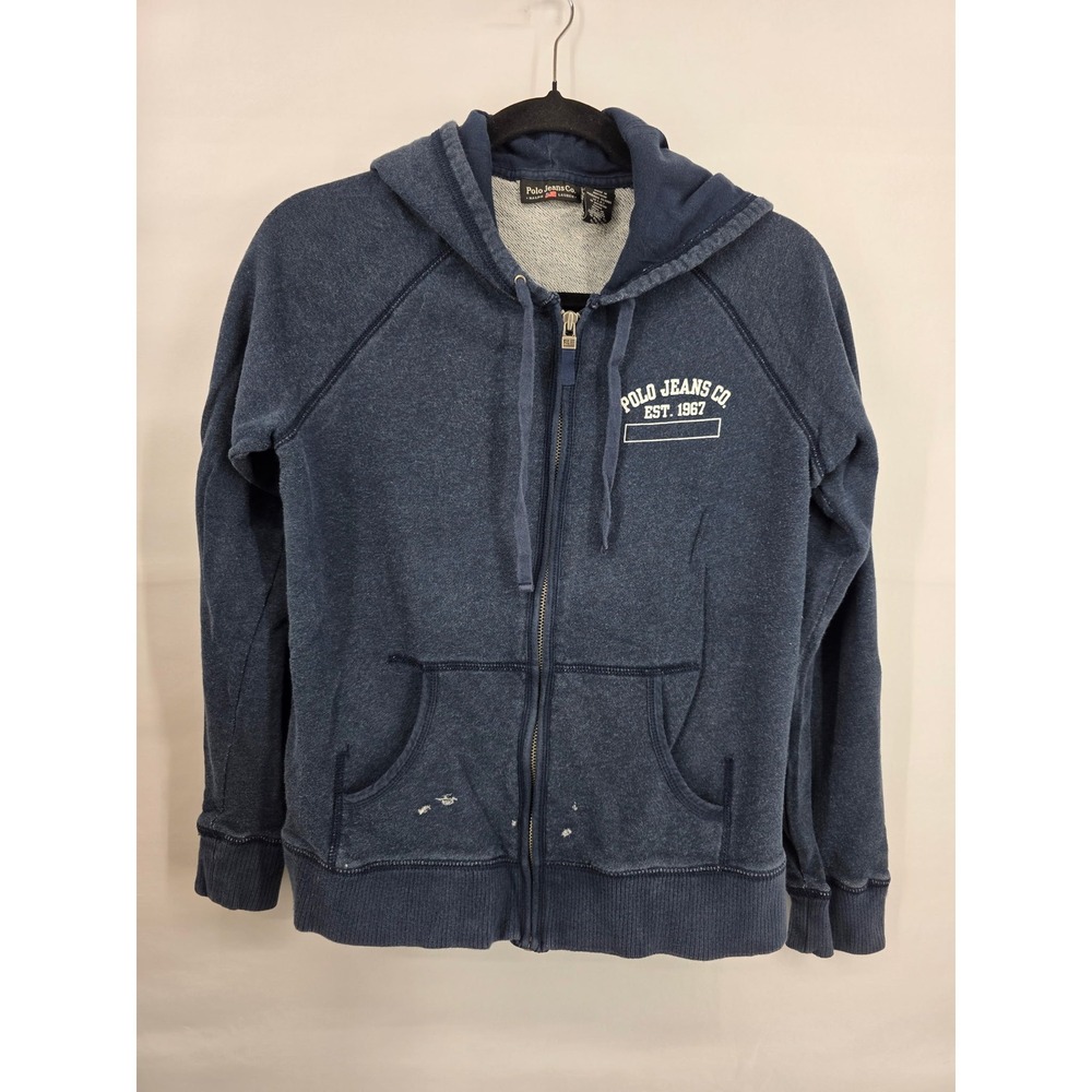 Polo Jeans Co Ralph Lauren Mens Medium Faded Navy Blue Full Zip Hoodie Distress